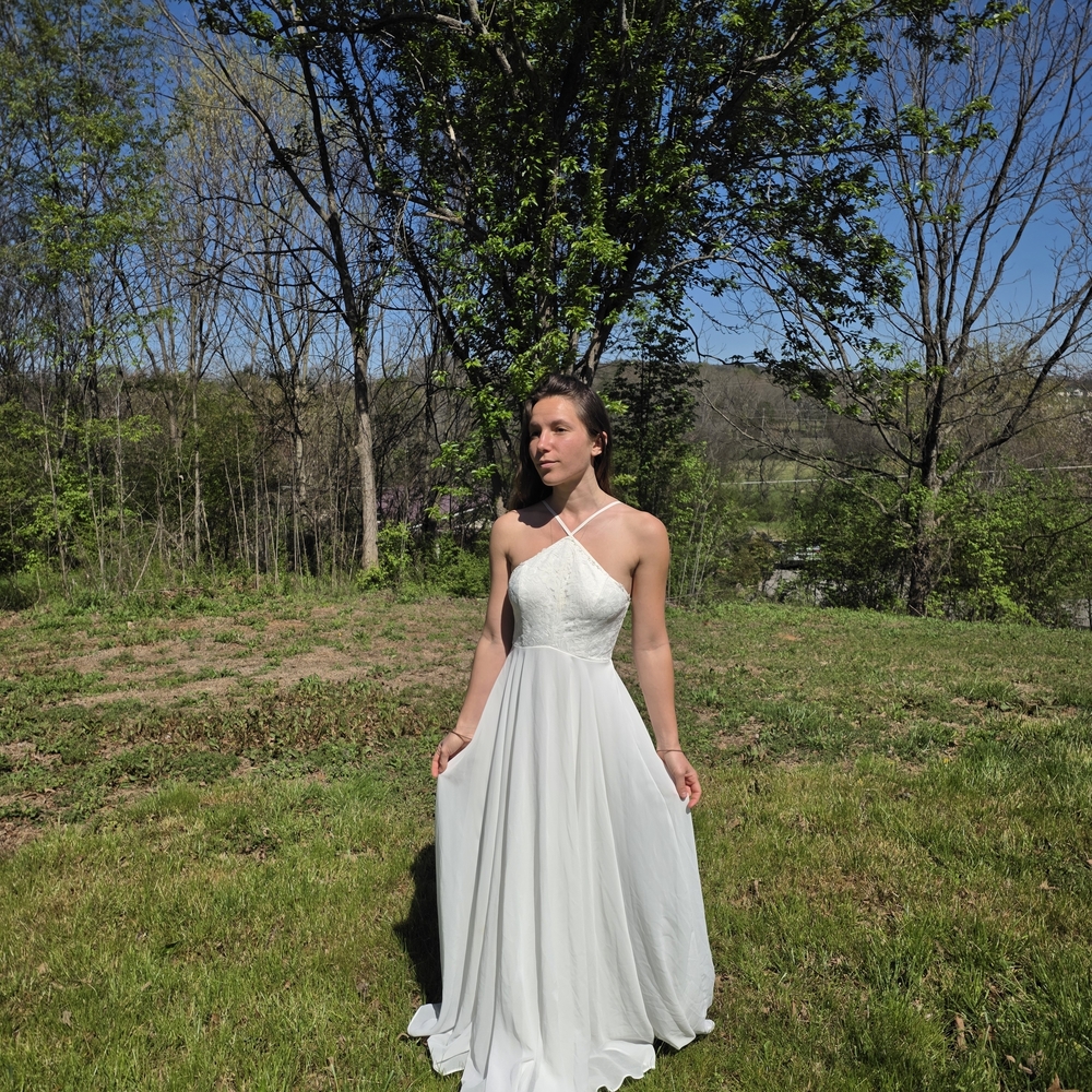 White Halter Lace Bodice Chiffon Prom or Boho Wedding Dress